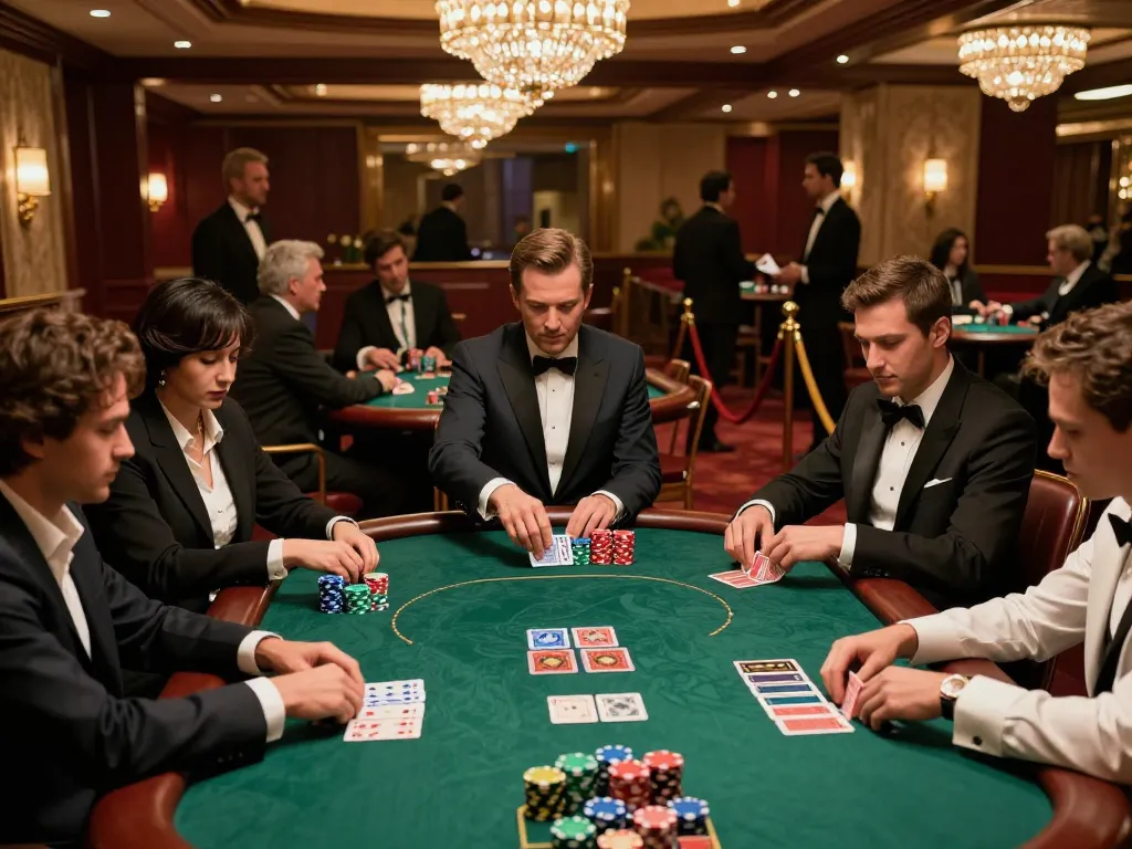 B52CLUB poker players strategizing at a high-stakes table under warm casino lights.