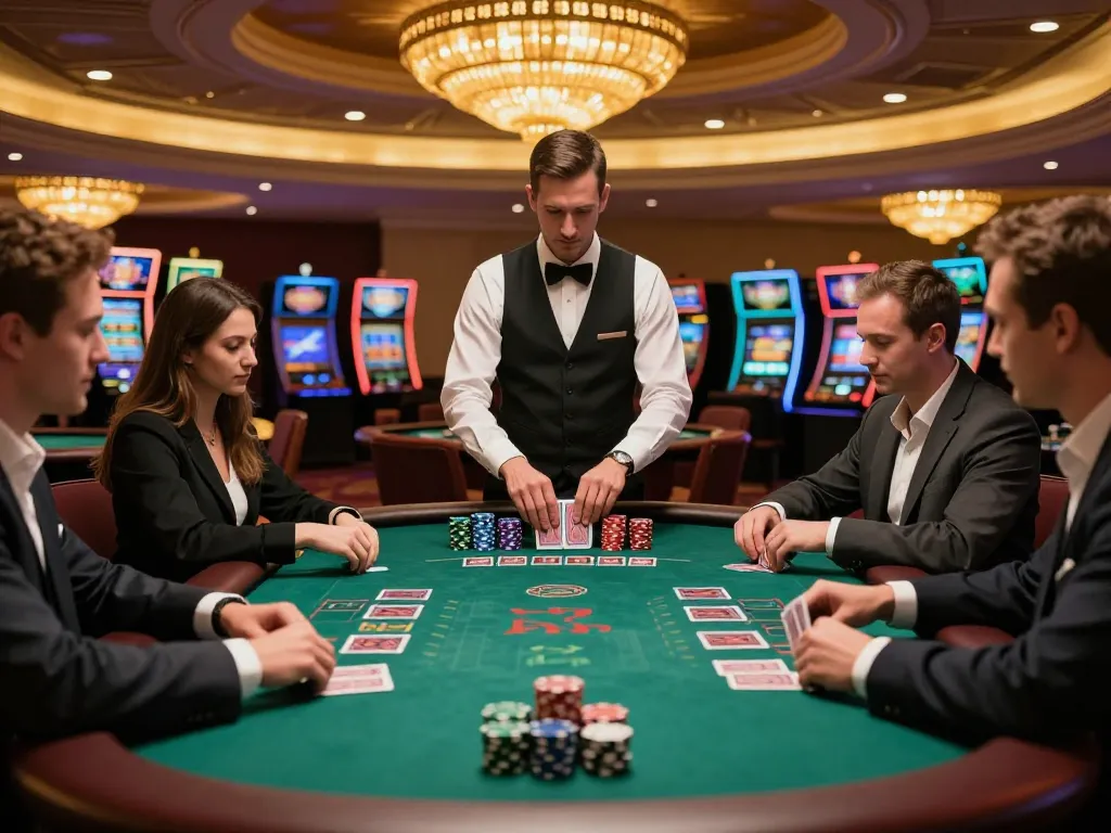Permainan blackjack yang menarik di kasino menampilkan pemain dengan chip dan kartu, https://jikankasi.com/modules/bulletin/ untuk lebih lanjut.