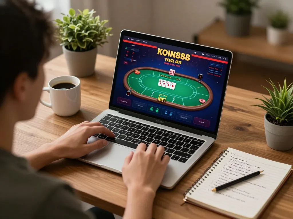 Pengaturan permainan online KOIN888 yang menunjukkan antarmuka permainan poker dengan catatan strategi, suasana yang nyaman.