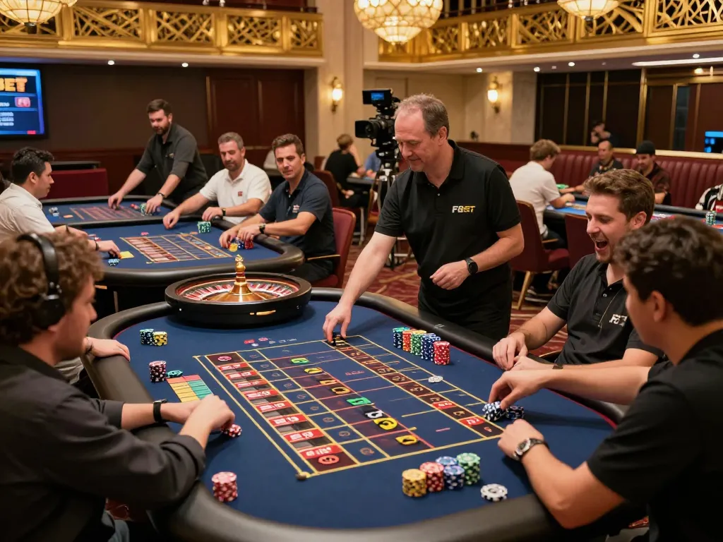 F8BET players enthusiastically betting at roulette tables in a vibrant casino atmosphere.