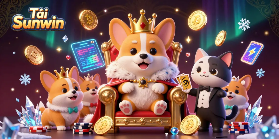 Tải Sunwin brings joy with a royal corgi on a poker chip throne, showcasing dazzling cryptocurrencies.