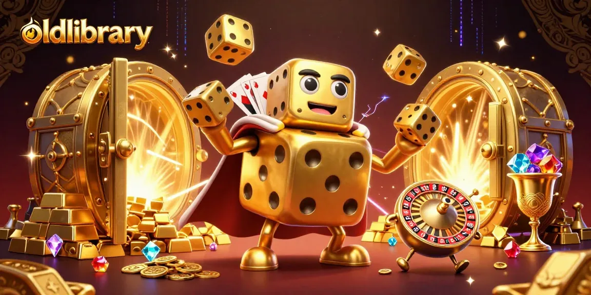 oldlibrary showcases a 3D golden dice golem juggling dice in a vibrant casino scene