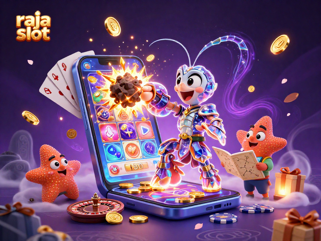 Engage with the vibrant raja slot scene showcasing galactic samurai mantis shrimp amidst exploding asteroids and casino elements.