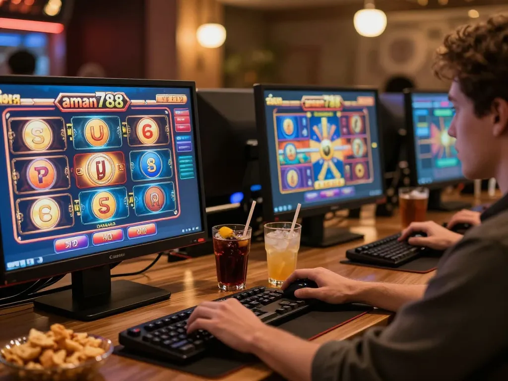 Pemain terlibat dengan berbagai permainan slot di aman788 dalam pengaturan bermain yang nyaman, menekankan perjudian online yang strategis.