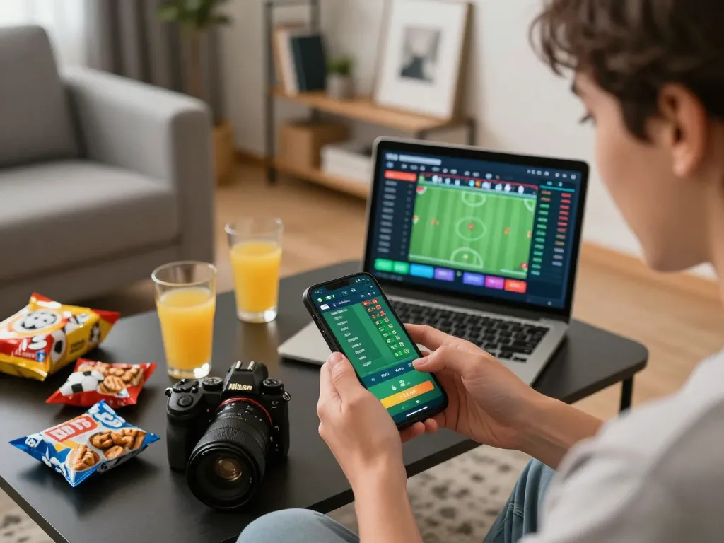 Hay88 online sports betting setup with user placing bets on smartphone in cozy home