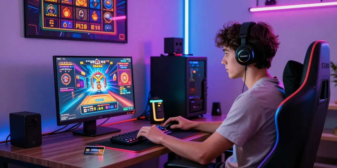 Engaging gaming scene at home showcasing a player enjoying credit card casinos with vibrant game graphics and accessories.