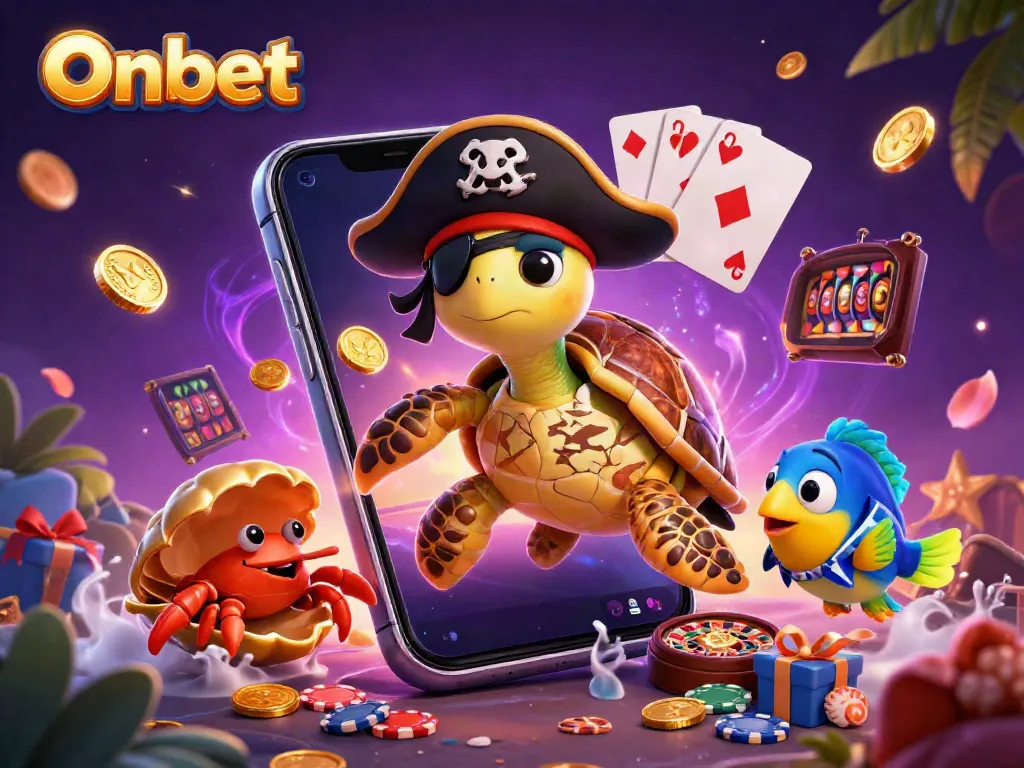 Onbet features a cartoon pirate turtle, a hermit crab, and a parrotfish amidst a vibrant casino scene with slot games.