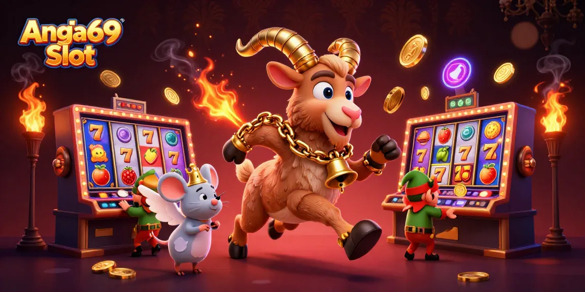 Experience Angka69 Slot's thrilling atmosphere with vibrant slot machines and playful characters.