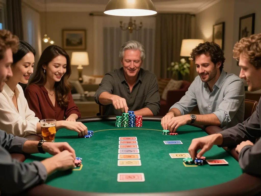 Malam permainan situs togel dengan teman-teman bermain poker di sekitar meja bulat, suasana meriah, chip warna-warni terlihat.