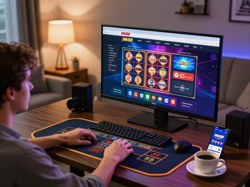 Engaged player placing bets on the NK88 online casino app during an exciting gaming session.