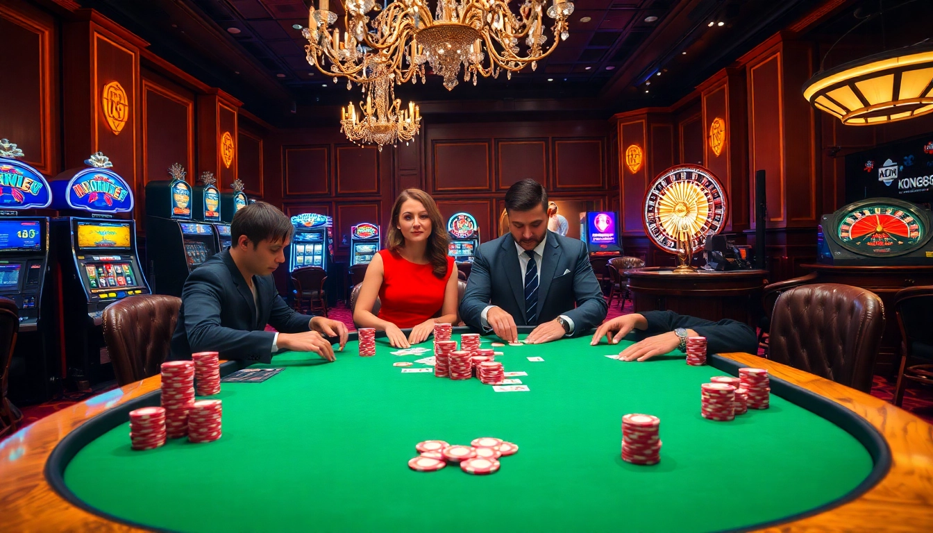 KONG88 poker players strategizing their next move at an elegant casino table filled with chips.
