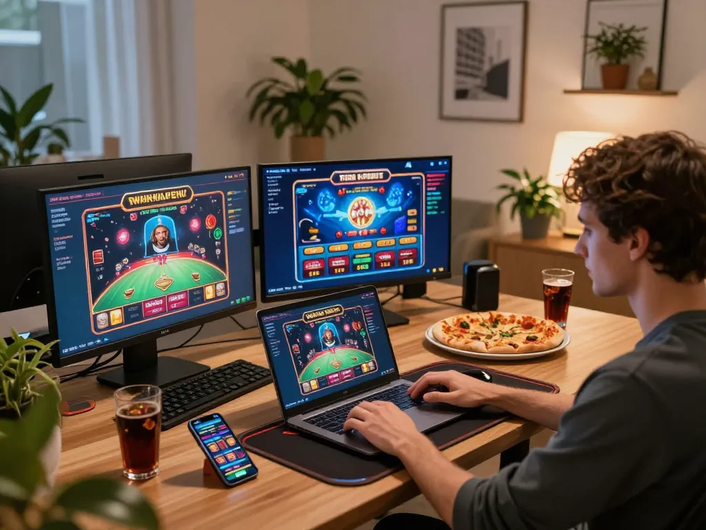 Engaging in online gambling with multiple screens and a betting app m102 in a stylish home office setup.