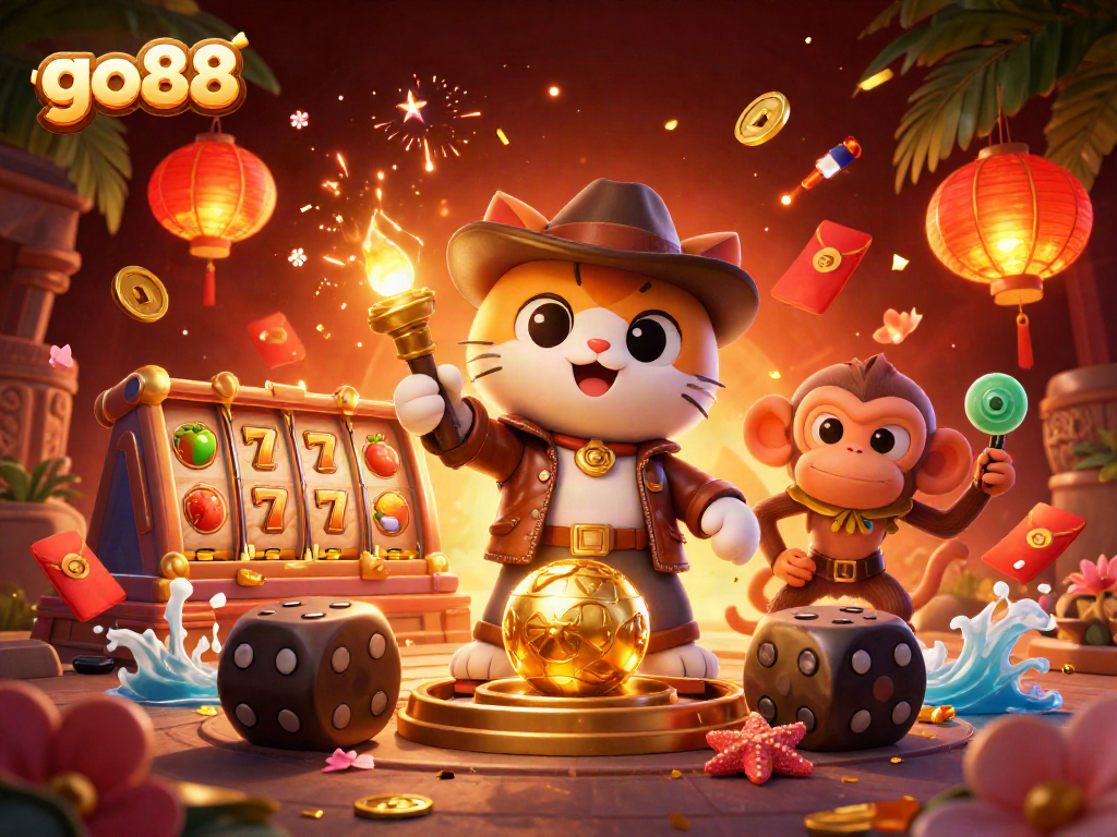 Engage with go88's exciting casino games through playful illustrations of exploring the jackpot treasures.