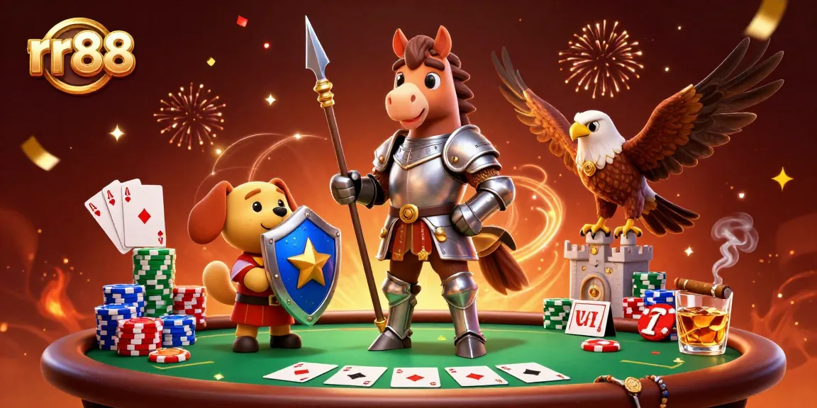 Experience thrilling games at rr88, featuring poker tables, chips, and energy-filled characters.