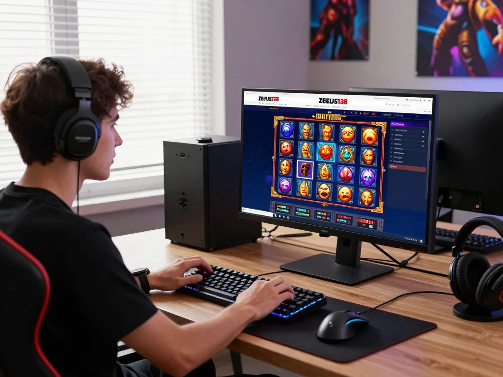 Player engaging on zeus138 gaming website with vibrant slot graphics and modern accessories.