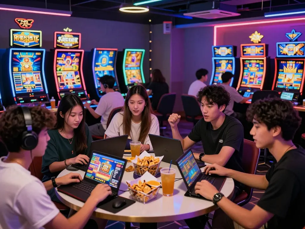 Sahabat menikmati permainan slot online danamax783 di ruang permainan yang penuh warna
