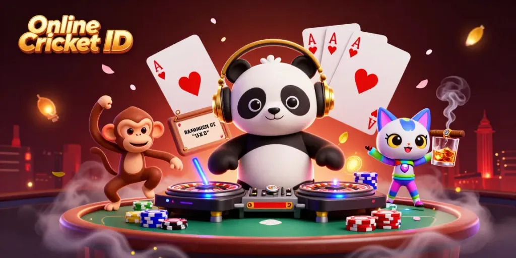 Engage with Online Cricket ID through vibrant imagery of a DJ panda and playful characters in a casino-themed setting.