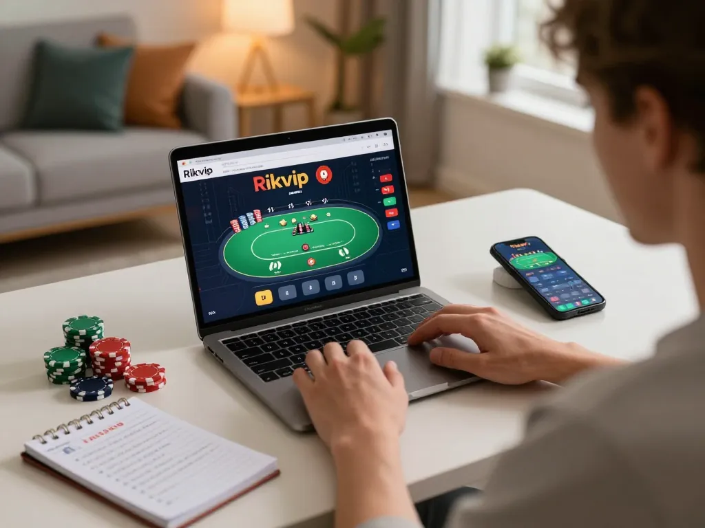 Engaging online gaming moment at Rikvip with player focusing on poker strategy