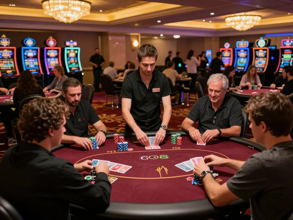 GO88 players engaging in strategic card games at an upscale casino, showcasing vibrant atmosphere.