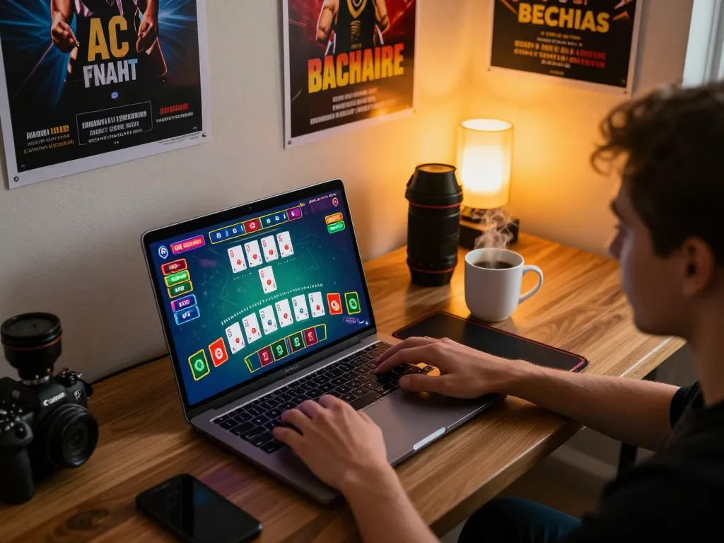 Player enjoys online blackjack on laptop showcasing TT88 betting strategies in a cozy home office.