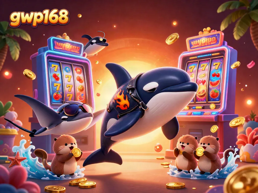 GWP168 menampilkan paus orca kartun dan teman-teman lautnya dengan simbol slot yang ramai.