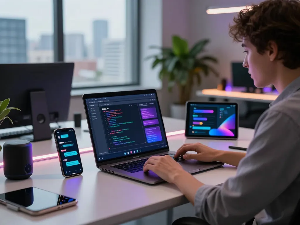 Engaging user with Juicy AI chatbot in a modern tech workspace.