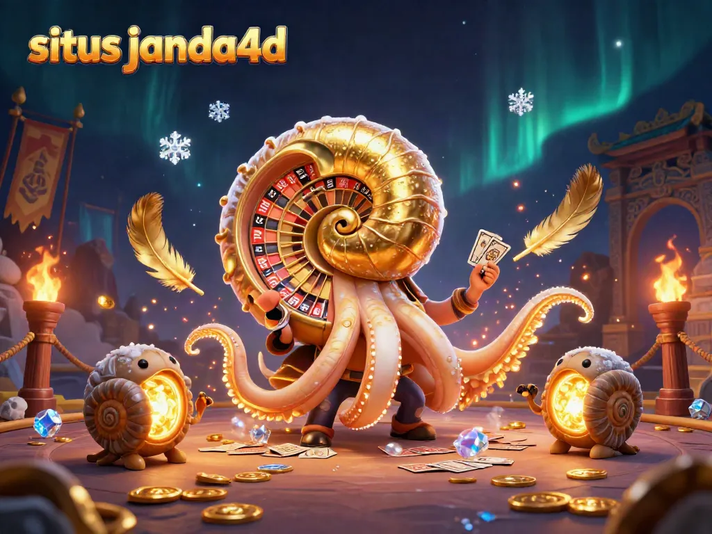 Ilustrasi situs janda4d dengan nautilus raksasa dan elemen kasino yang menarik.