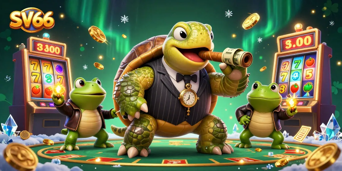 SV66 captivates players with a vibrant 3D casino scene featuring a snapping turtle and exciting slot action.