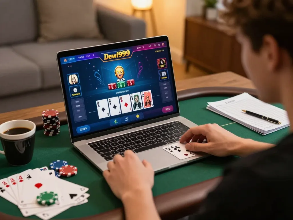 Permainan poker Dewi999 di layar laptop menunjukkan permainan kartu strategis dalam suasana yang nyaman.