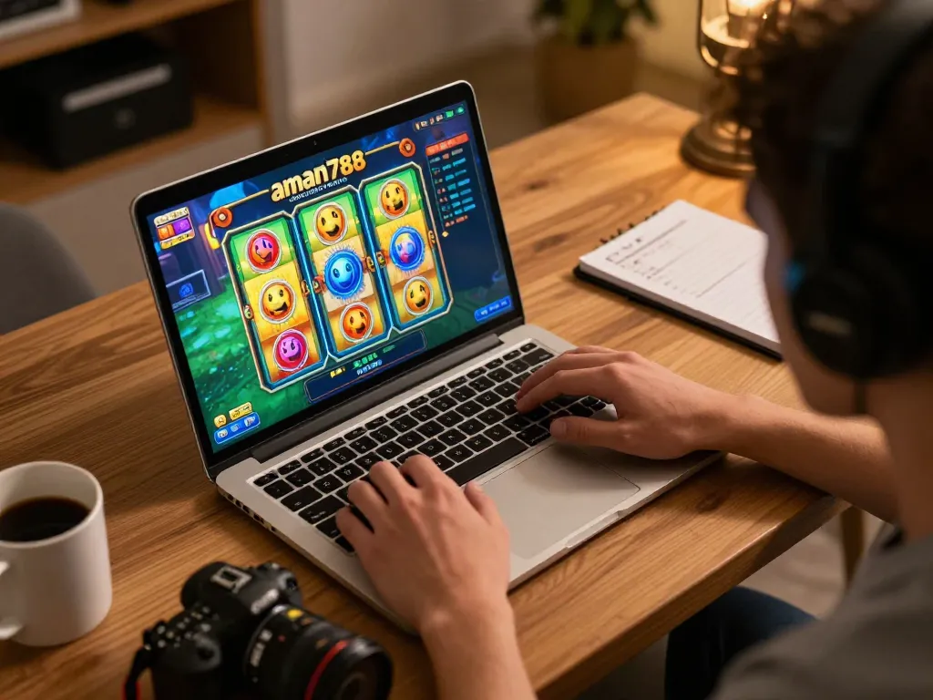 Seorang pemain menikmati permainan slot aman788 di laptop mereka, menampilkan grafik permainan yang cerah dalam suasana rumah yang nyaman.
