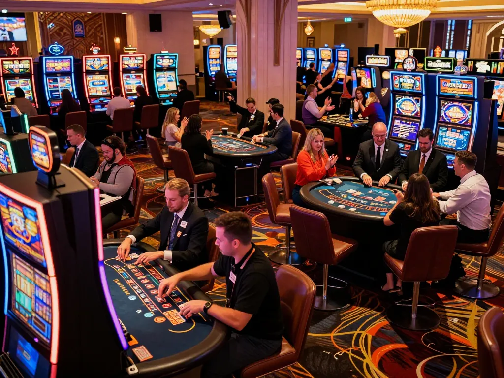 Players engaging in casino games at https://ulat123g.com/ with vibrant slot machines and blackjack tables.