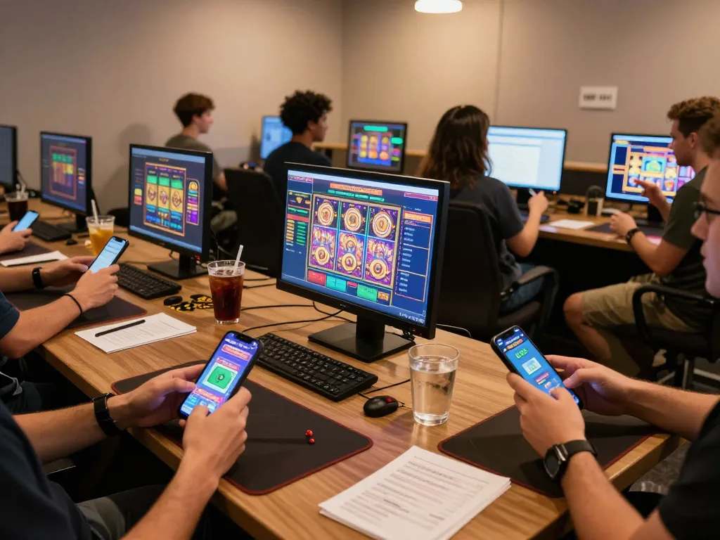 Players engaging in live online gaming at vipwin with smartphones and tablets showcasing exciting games