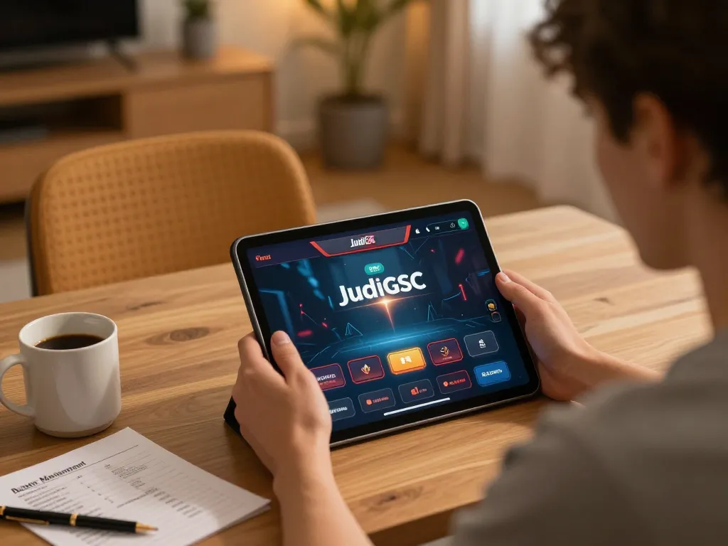 Berinteraksi dengan aplikasi kasino JudiGSC di tablet dalam suasana rumah yang selesa.