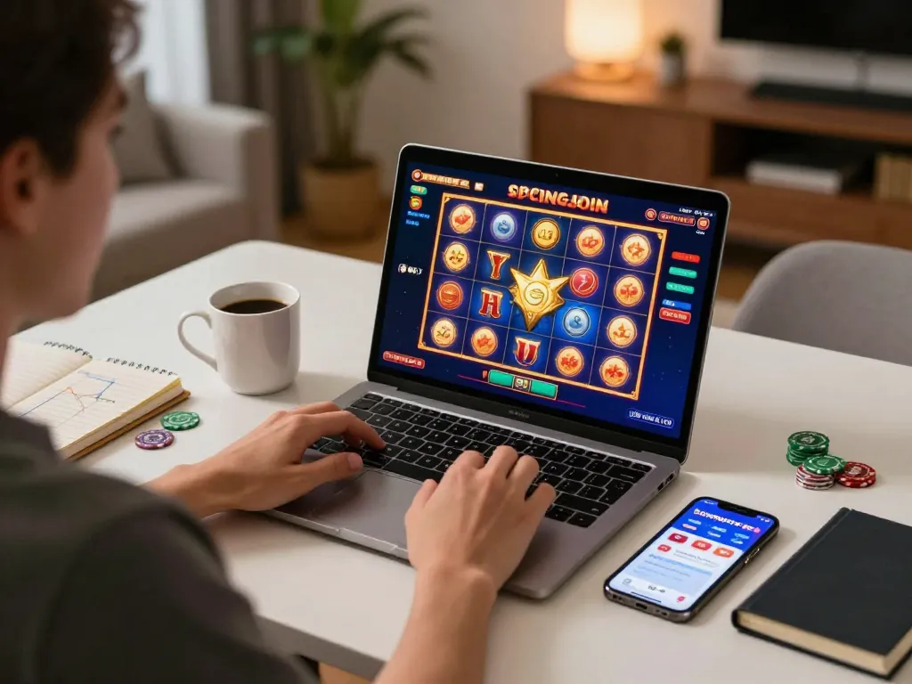 Pengguna Bintangmpo berinteraksi dengan slot online di laptop, menikmati sesi permainan pribadi