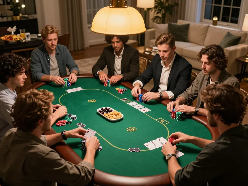 Friends playing poker at home, showcasing strategy and camaraderie in an SC88 gaming night.