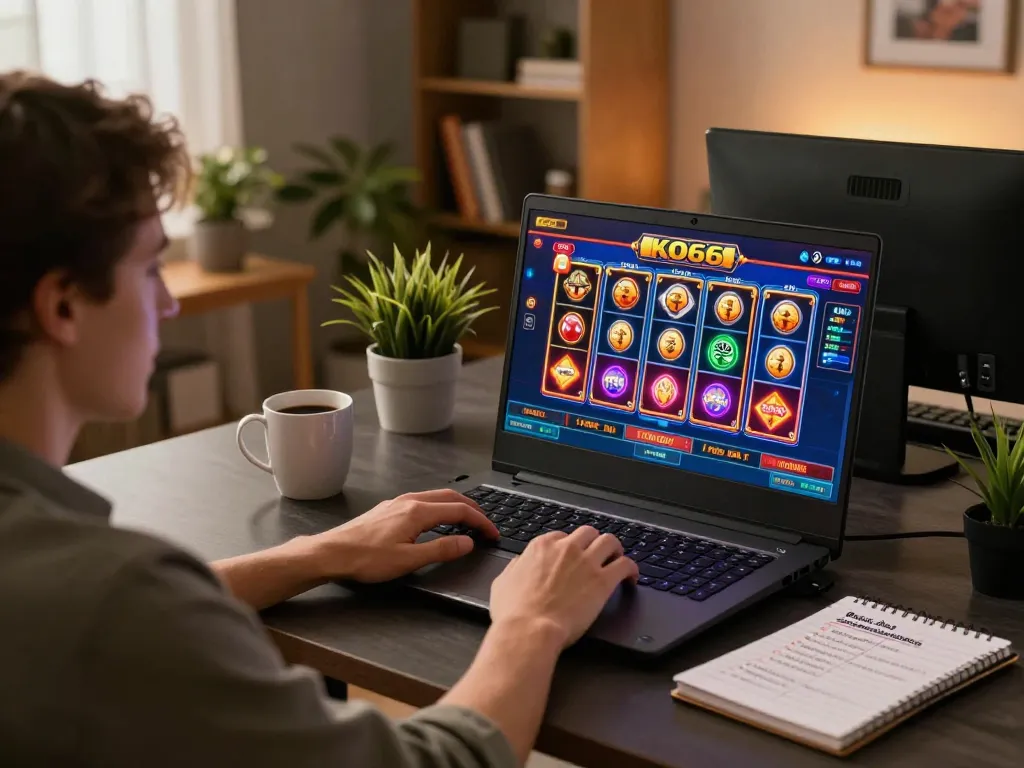 Engaging in KO66 online casino gaming with vibrant slots and strategic notes.