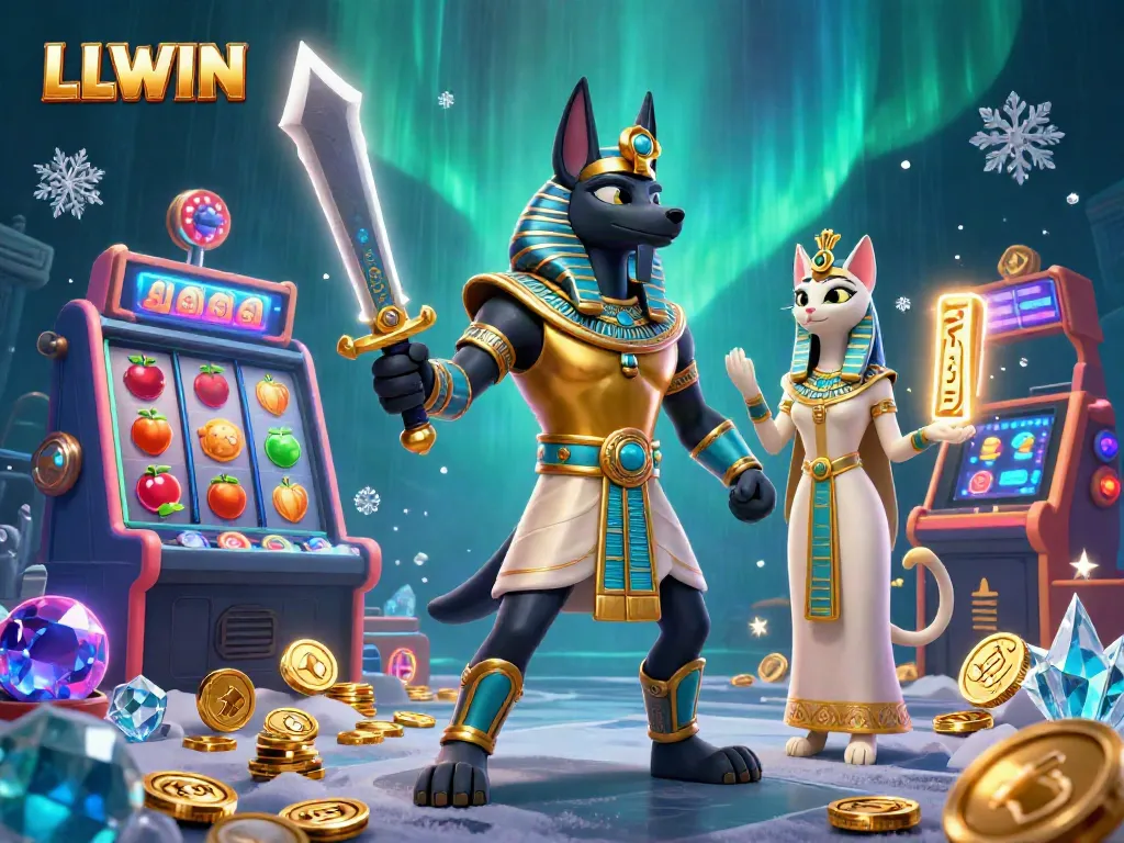 Engage with LLWIN's vibrant casino action featuring Anubis and Bastet in a lively gaming scene.