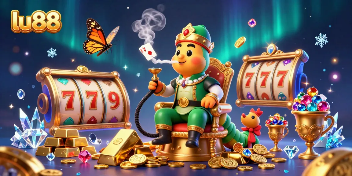 lu88 players revel in an ultra-detailed casino scene with vibrant slot symbols and treasure.