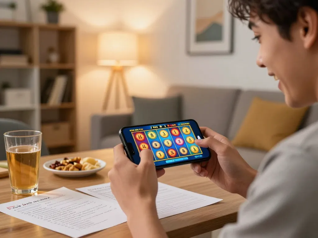 KDslot player enjoying an online slot game on their smartphone, showcasing excitement and strategy.