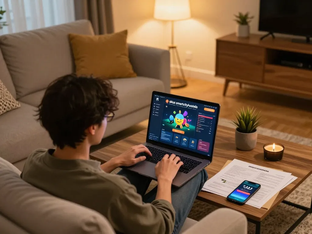 Engaged player exploring situs smartcityhostels online betting options on a cozy living room setup.