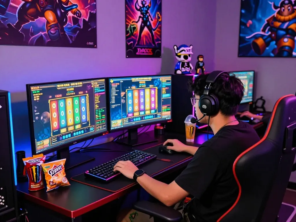 Engaged gamer playing slot gacor hari ini with dual monitors and vibrant LED lights.