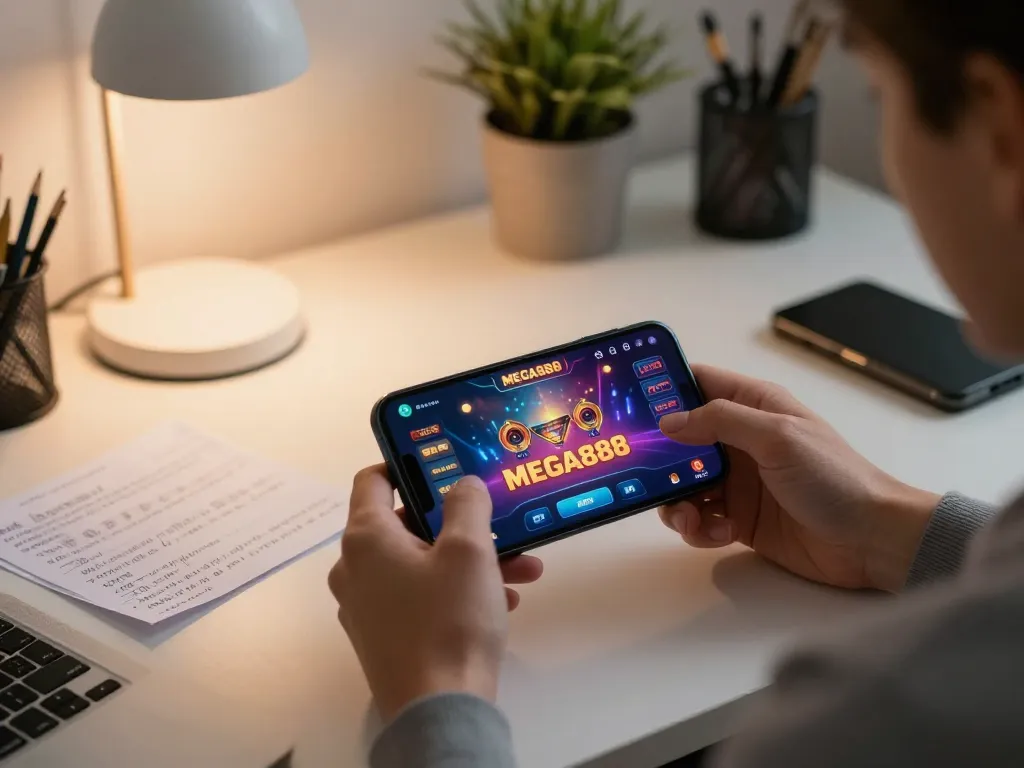 Engaging MEGA888 Tutorial mobile gaming setup showcasing a player using smartphone in a cozy workspace