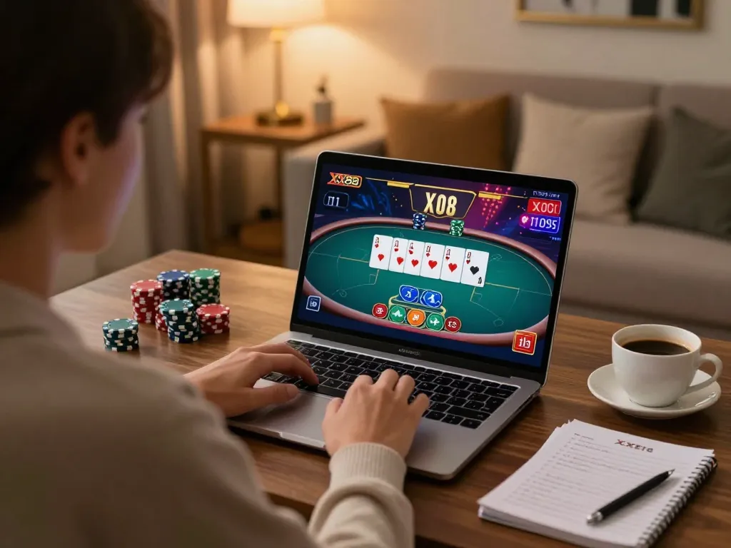 Engaging in online casino gaming at XX88 with strategy notes in a cozy home workspace