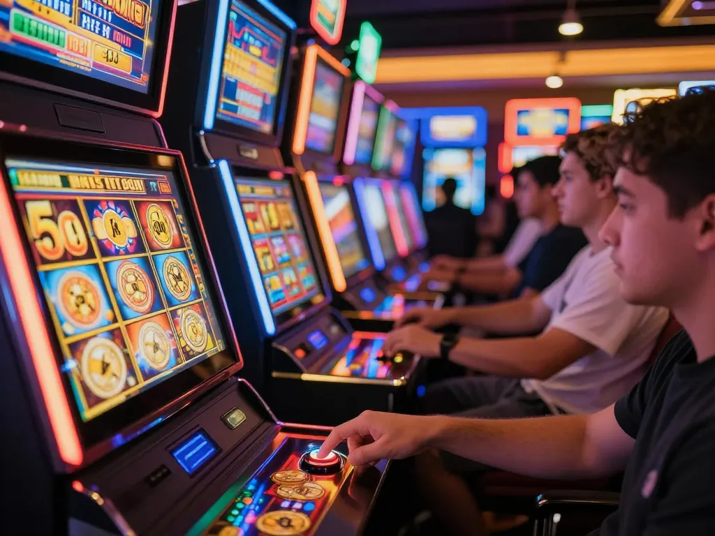 Engaging gameplay at situs slot gacor, showcasing excitement on colorful slot machines as players spin for wins.