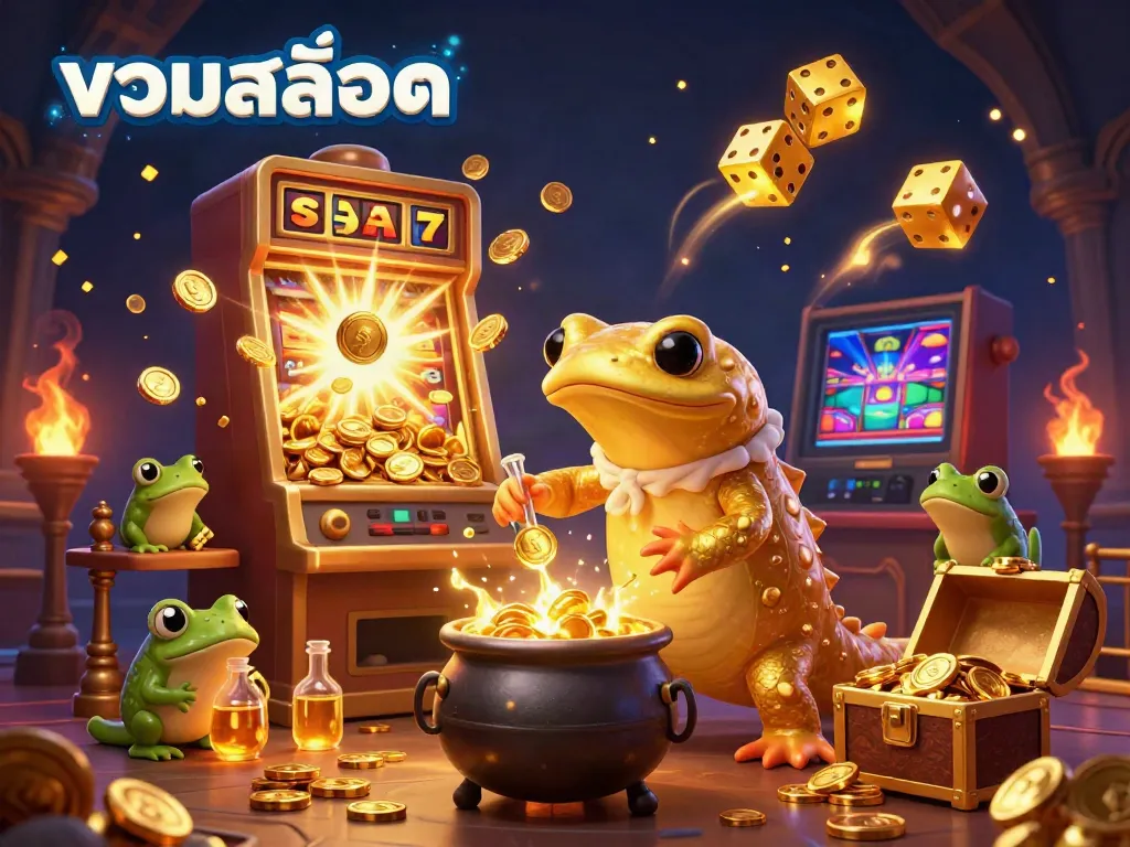 Experience the magic of รวมสล็อต with vivid 3D casino scenes bursting with coins and golden elements.
