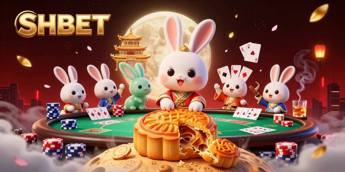Play poker with SHBET as cartoon characters celebrate on the lunar surface with chips and mooncakes