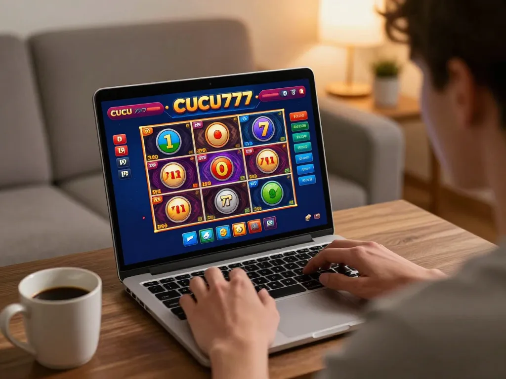 Player engaging with the CUCU777 online casino interface on a laptop, highlighting interactive slot games.