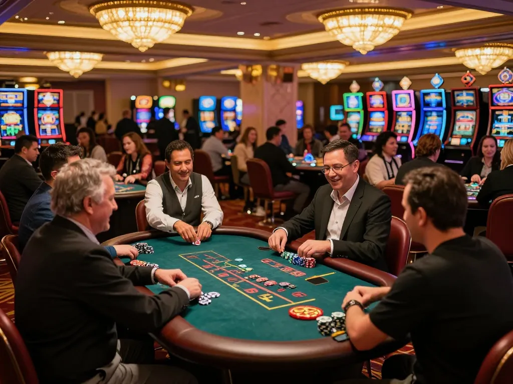 Engaged players at kdslot blackjack table celebrating winning hands amidst casino excitement