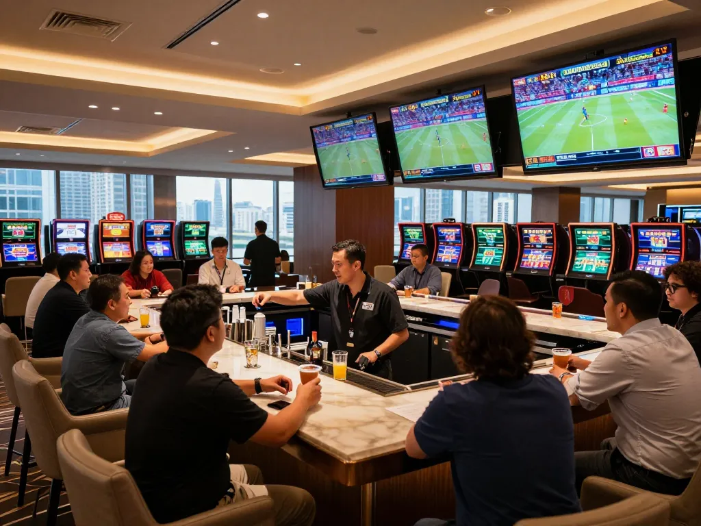 Excited bettors engaging in live sports betting at king33's modern lounge, placing wagers on multiple screens.