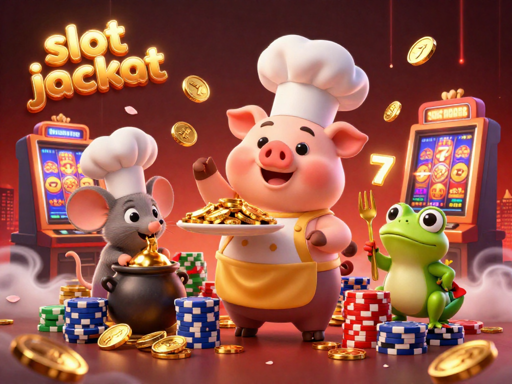 Savor slot jackpot excitement with a chef pig serving golden coins, surrounded by vibrant gambling elements.